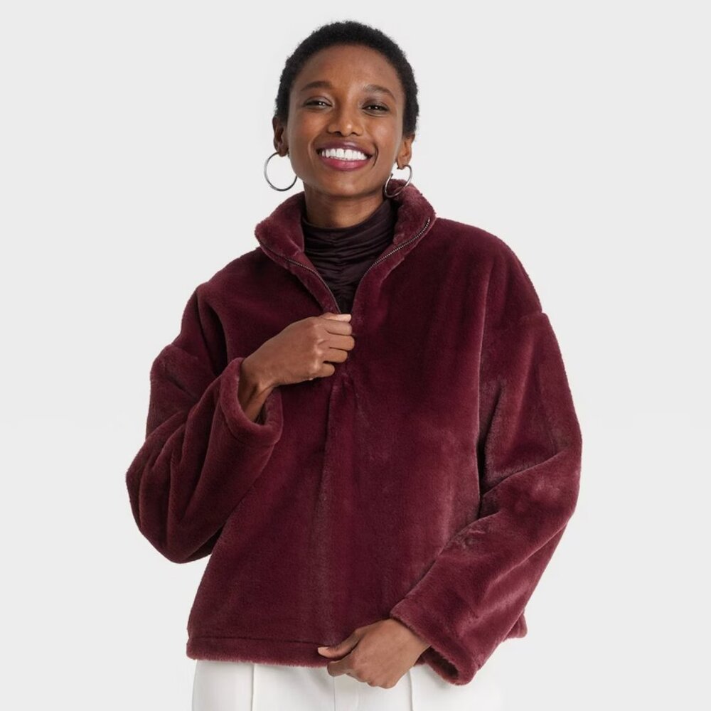 NEW! Faux Fur Quarter Zip Pullover Sweatshirt, Burgundy - A New Day